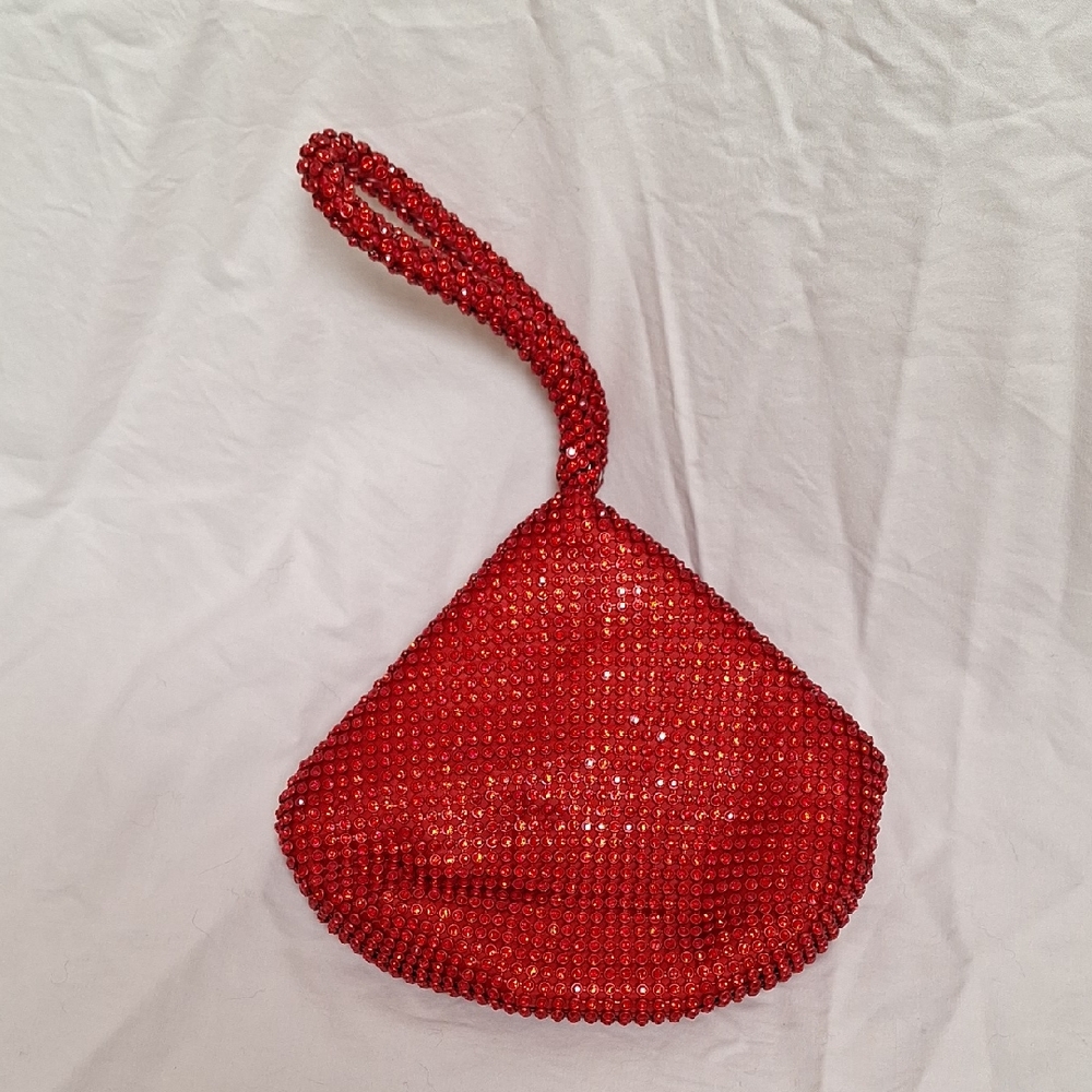 Womens Rhinestone Clutch Evening Bag In Red With Wrist Strap